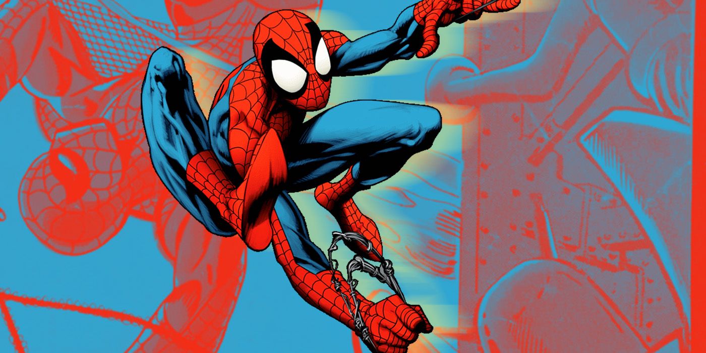 Marvel Comics' Spider-Man swinging over a background of Spider-Men