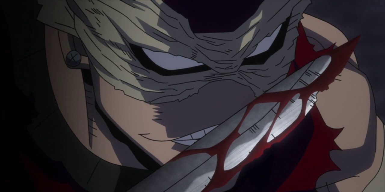 Hero Killer: Stain smirks and licks blood off of a knife in My Hero Academia.