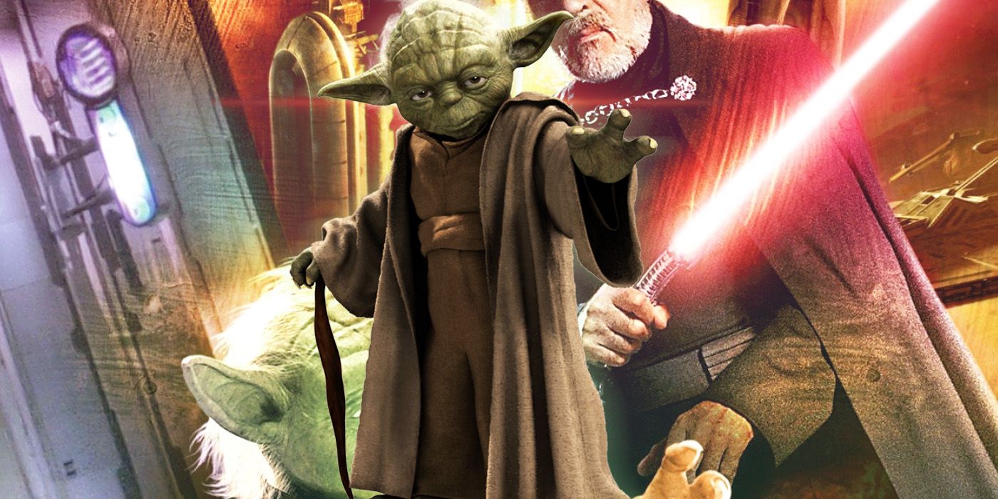Yoda using the force and holding a cane in front of Count Dooku.
