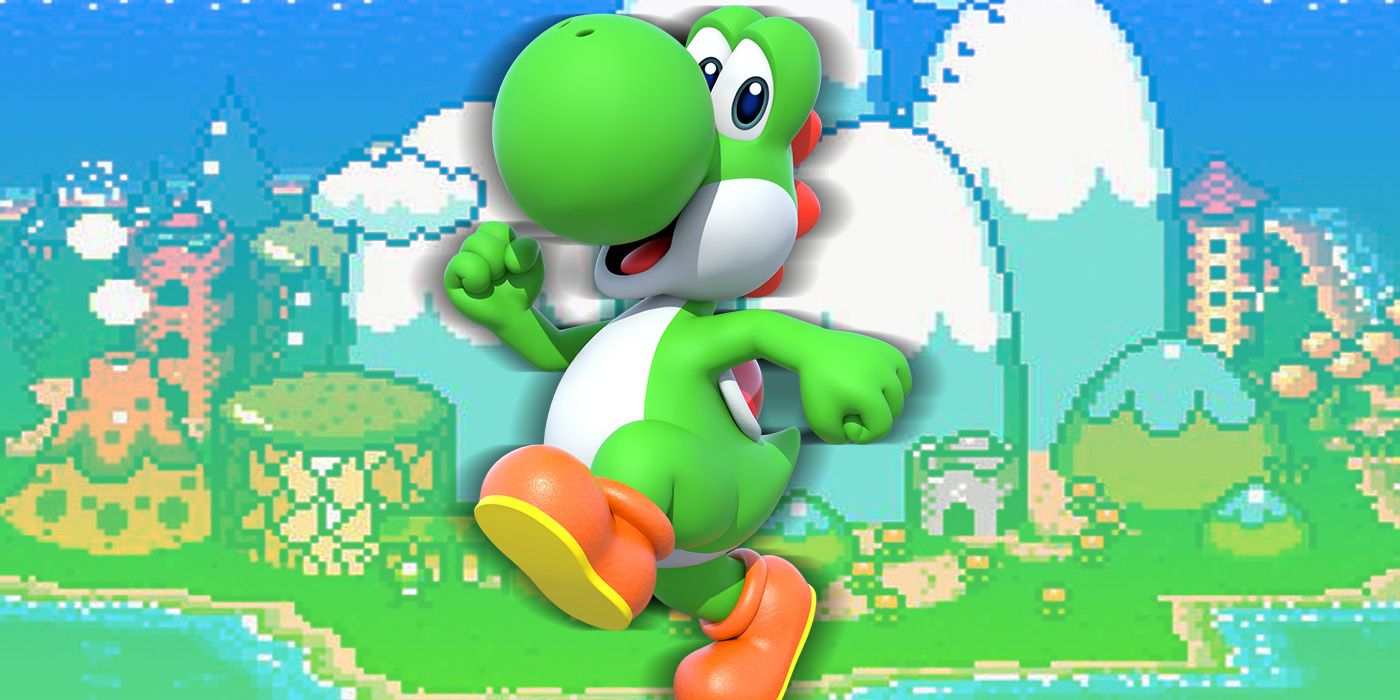 Yoshi with Yoshi's Island SNES In The Background
