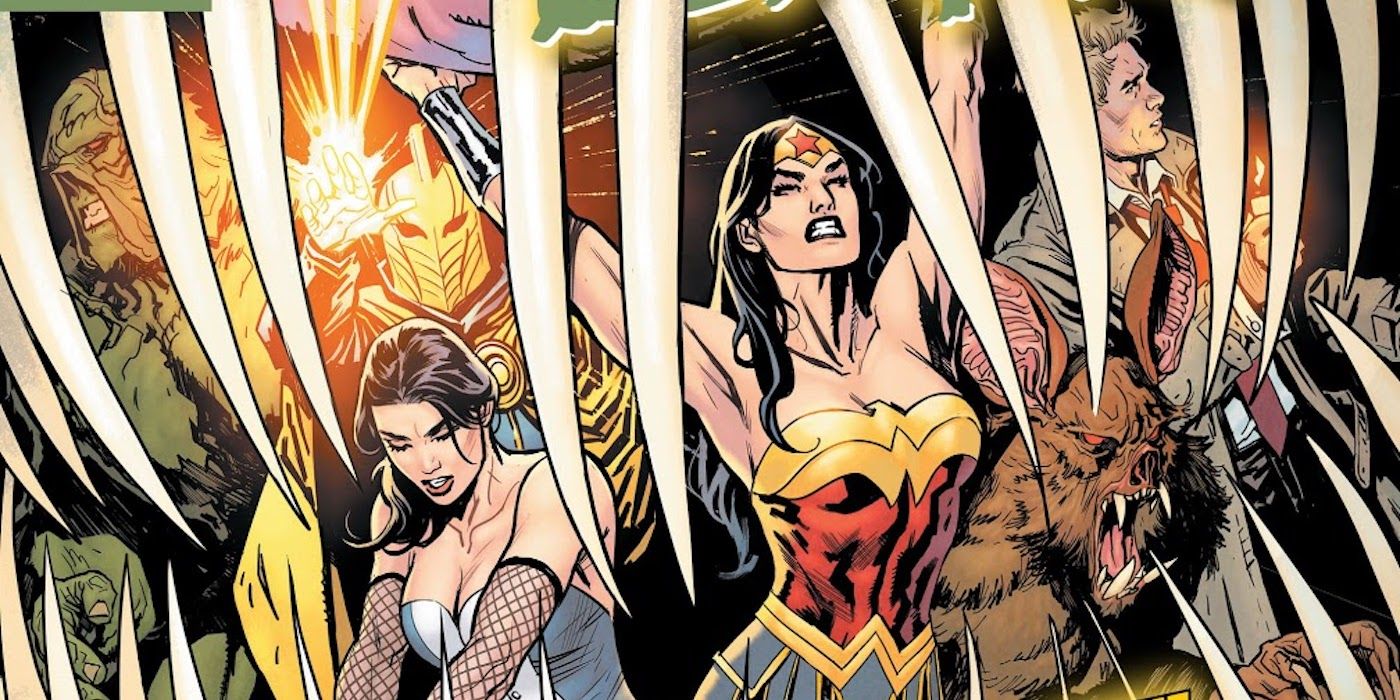 Wonder Woman and the JL Dark in the jaws of a monster in DC Comics