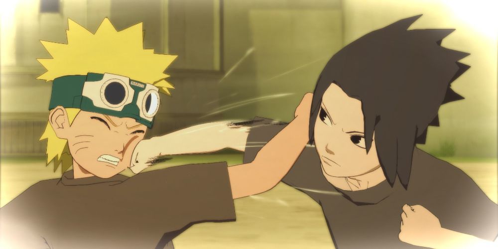 Naruto and Sasuke as children fighting
