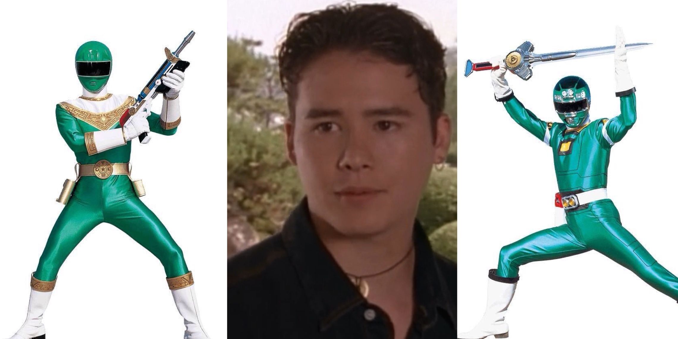 A split image of Adam Park as the Green Ranger in Power Rangers Zeo and Turbo
