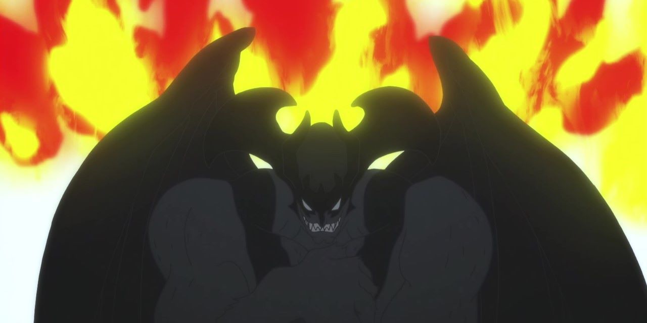 Akira in his devilman form standing in front of a fire.
