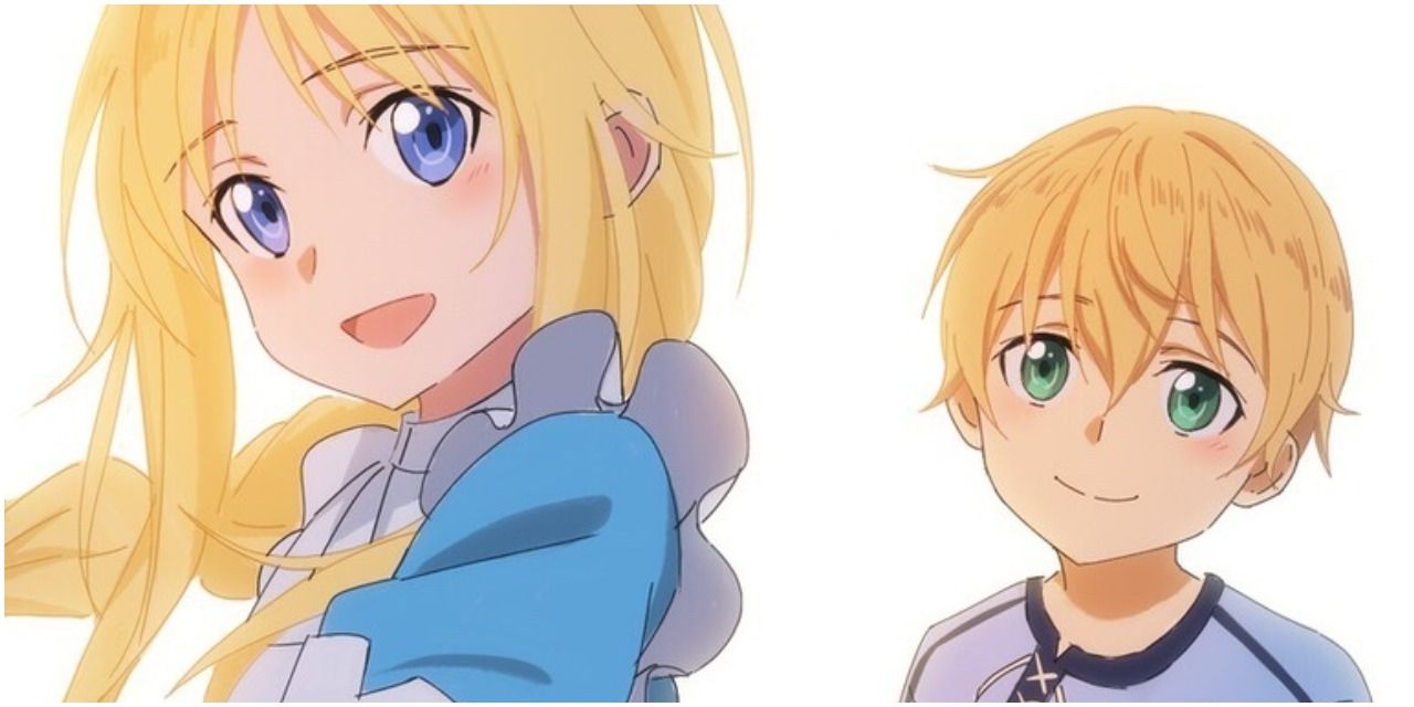 Alice and Eugeo holding hands in a white space