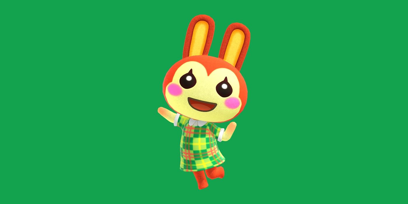 Bunnie dançando com os braços para cima em Animal Crossing