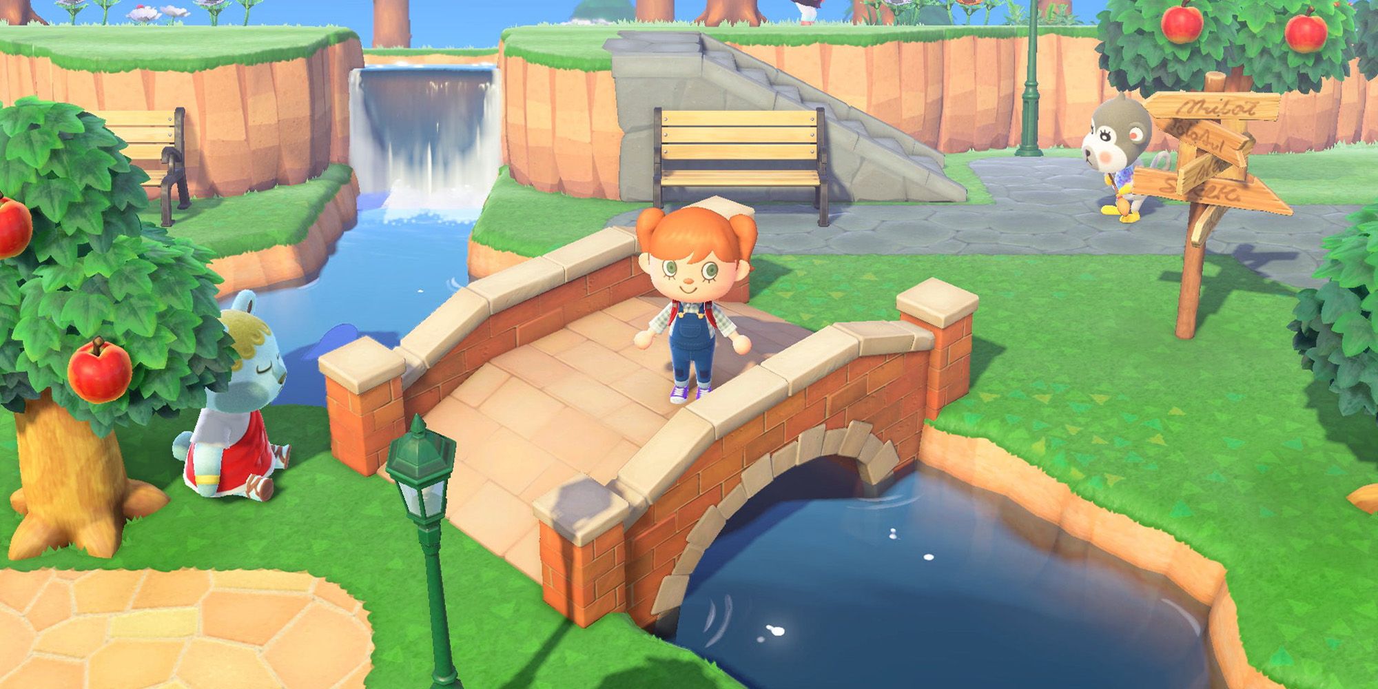 a screenshot of the player character in animal crossing standing on a bridge