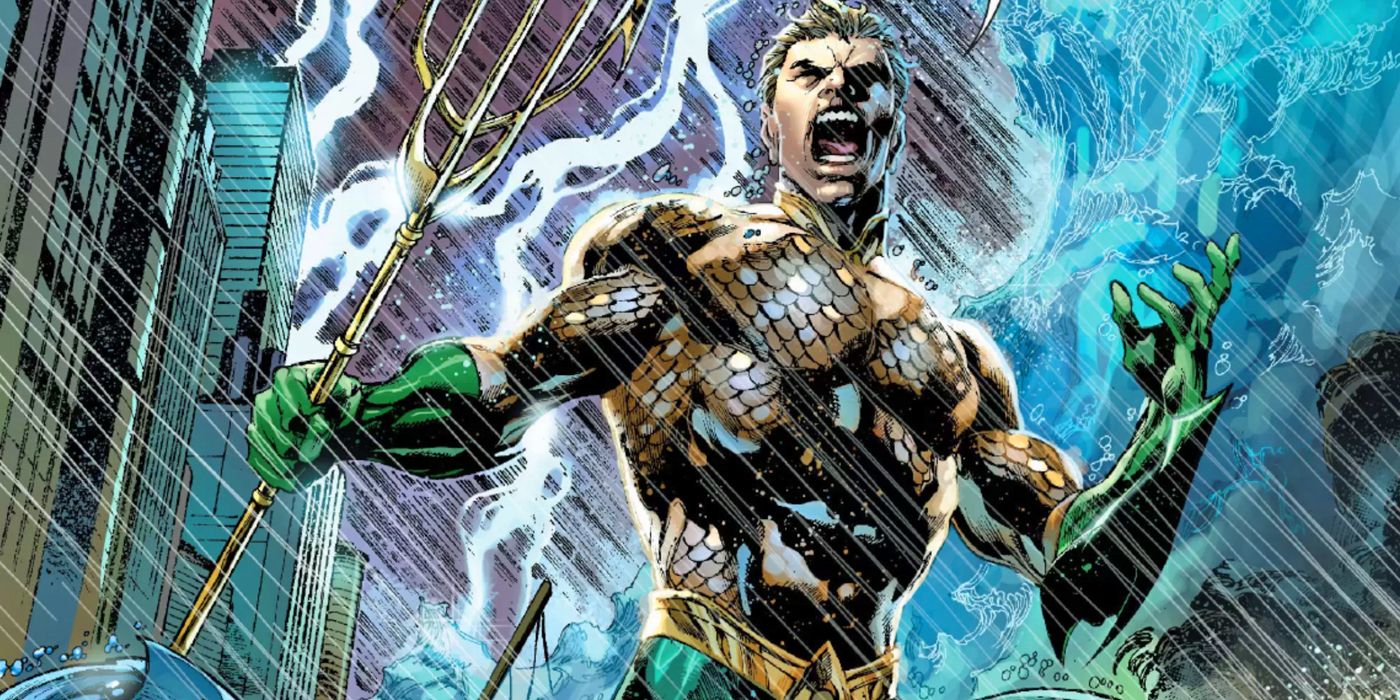 Aquaman looking angry in the rain in Throne of Atlantis.