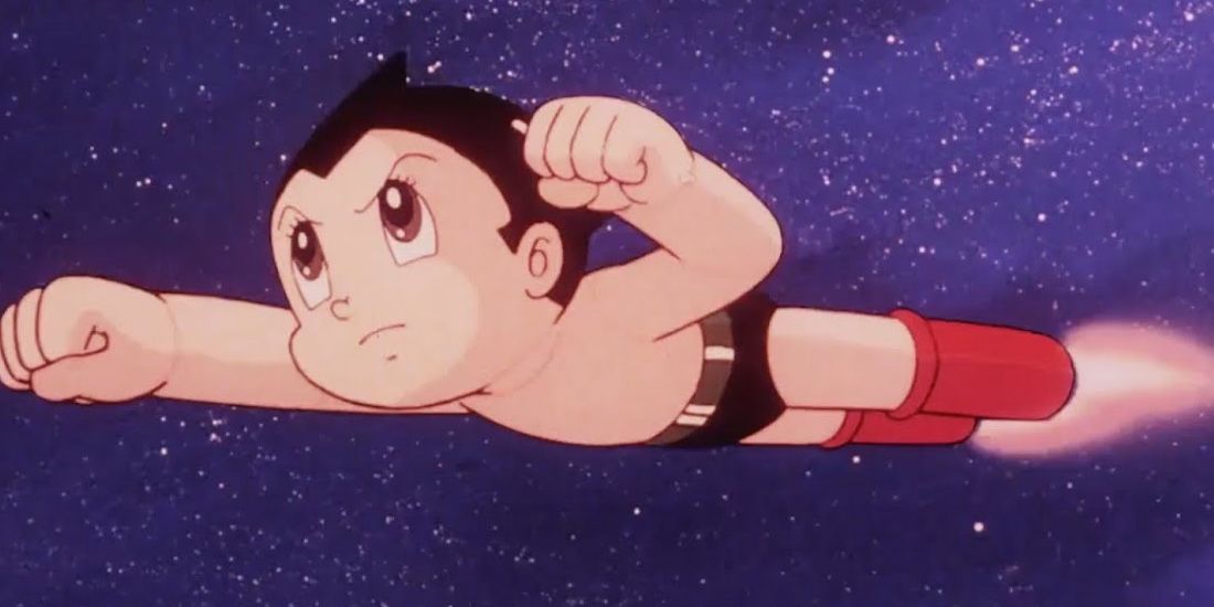 Astro Boy in the 80's flying through space.