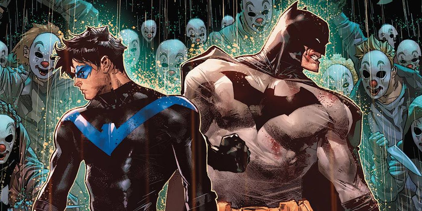 DC Comics' Batman and Nightwing surrounded by foes.