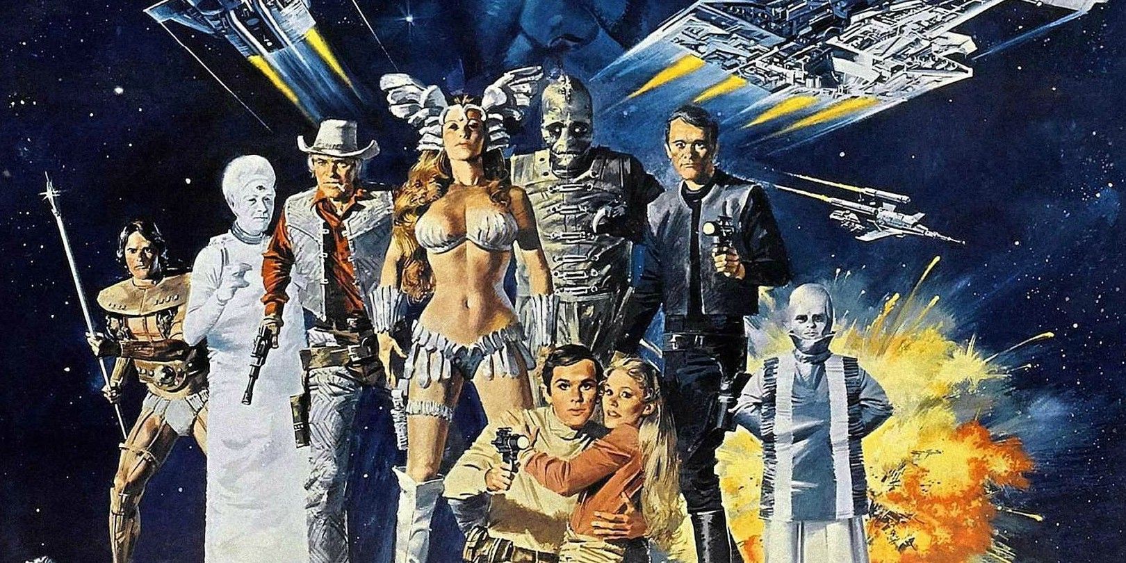 The main cast for the film &quot;Battle Beyond The Stars&quot;, standing in front of a vaguely retro-futurist backdrop