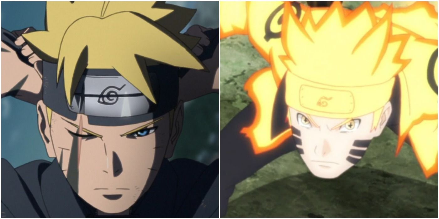 split image featuring future Boruto and Naruto
