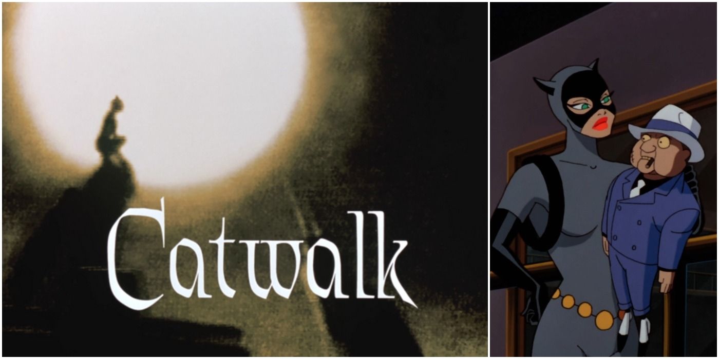 The title card for Catwalk and a shot of Catwoman holding Scarface