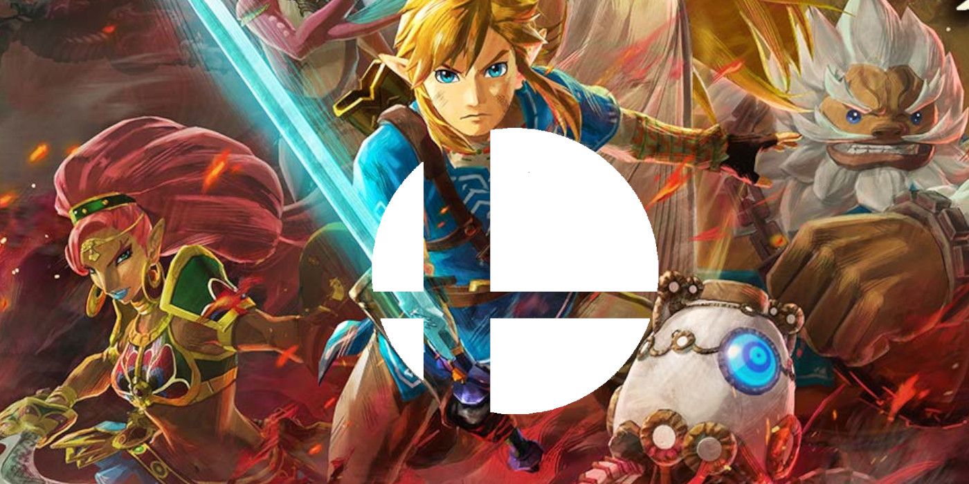 A college featuring Breath of the Wild's champions and the Smash Ball logo
