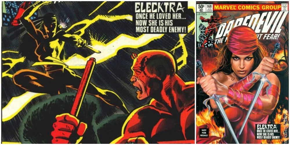First appearance of Elektra, Daredevil #168, cover and reprint cover in Marvel Comics