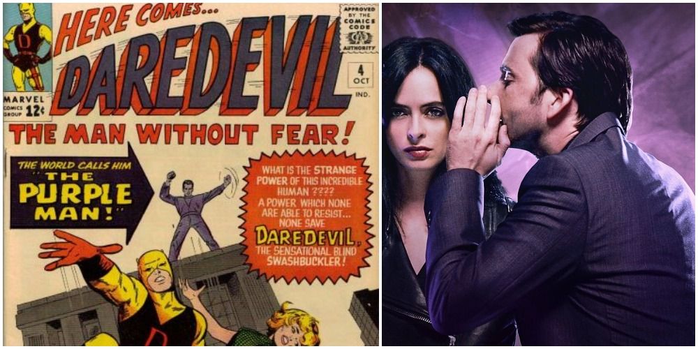 A split image of the Purple Man in Marvel Comics and Kilgrave whispering into Jessica Jones's ear in live-action.