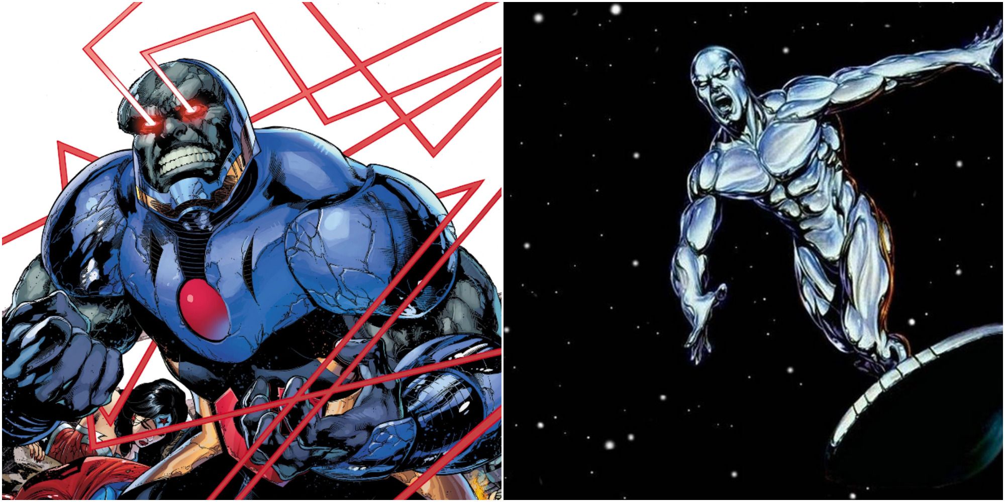 Darkseid firing Omega Beams and Silver Surfer flying through space