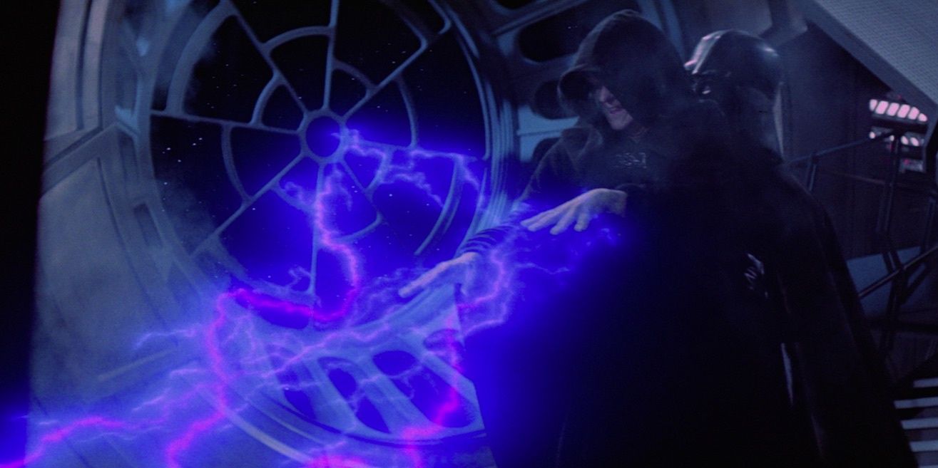 Darth Vader lifts Emperor Palpatine over his head and throws him to his death