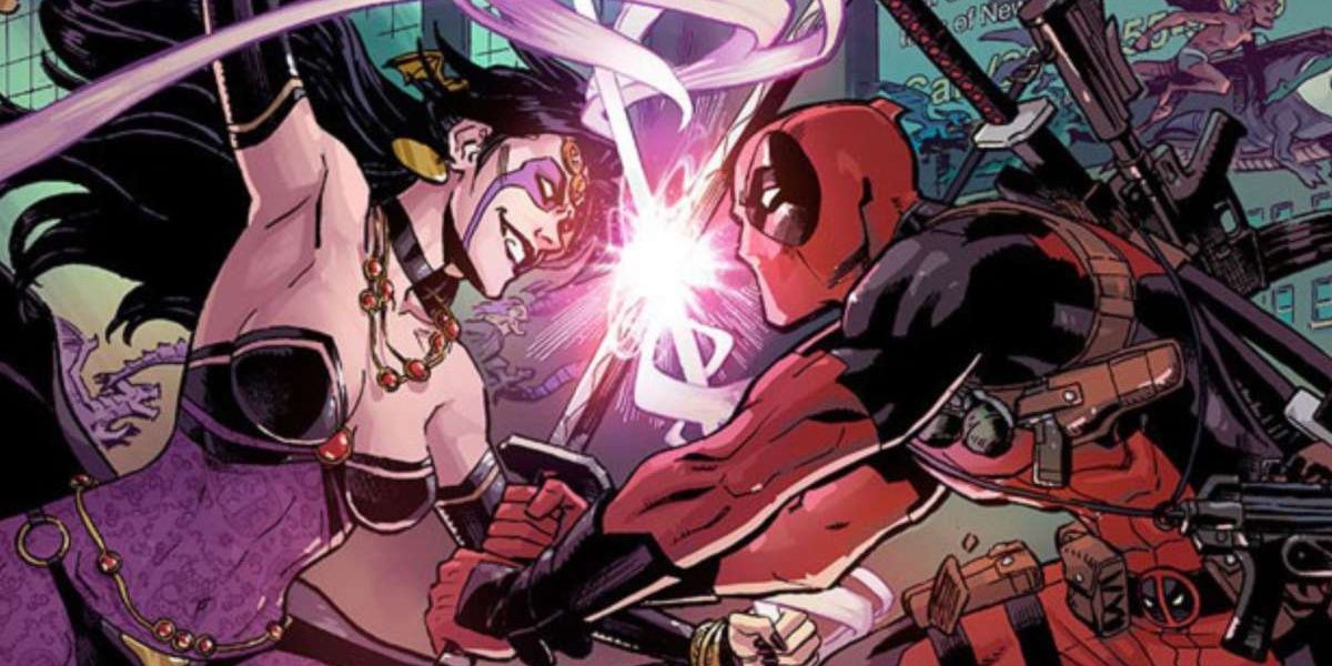 An image of Deadpool and Shiklah fighting each other