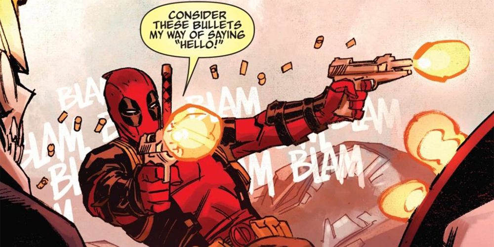 Deadpool shooting off is guns and his mouth in Marvel Comics