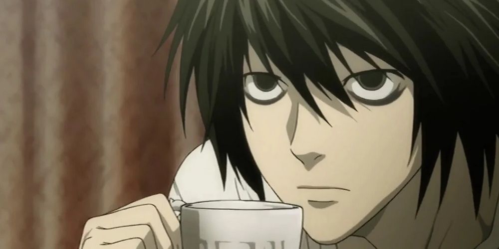 L is drinking tea in Death Note