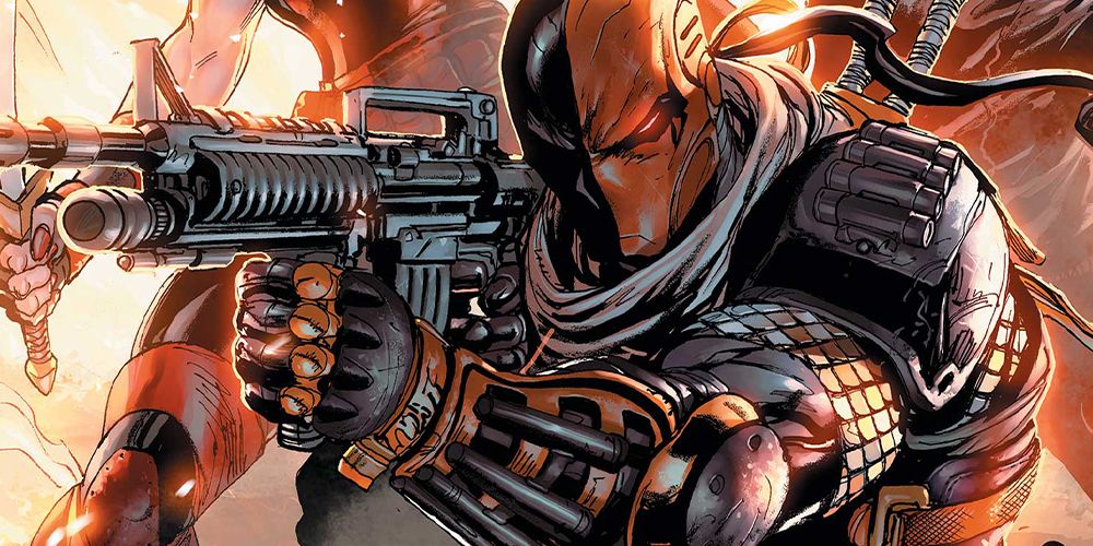 Deathstroke armed with guns and swords.