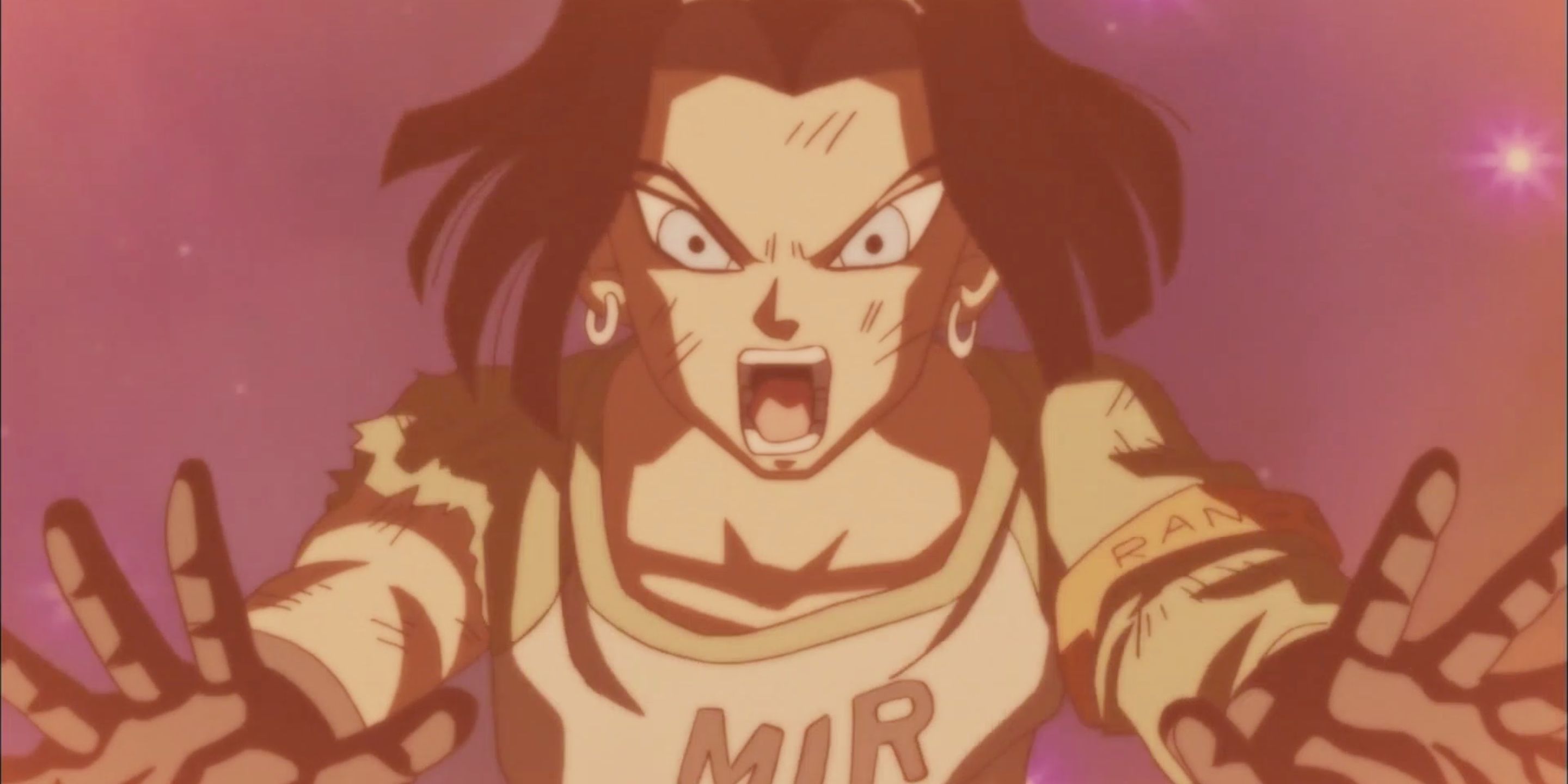 Android 17 yells and releases an energy attack during the Tournament of Power