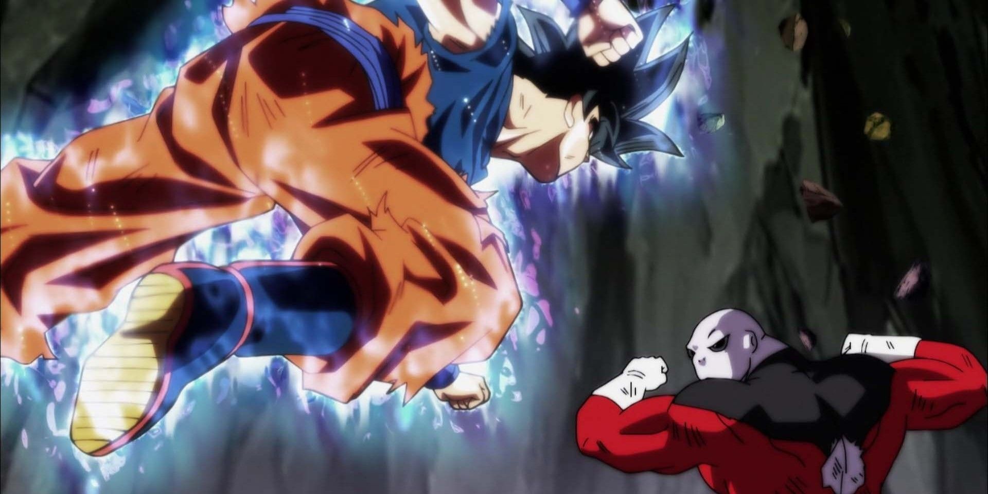 Goku in his Ultra Instinct, and fighting Jiren.