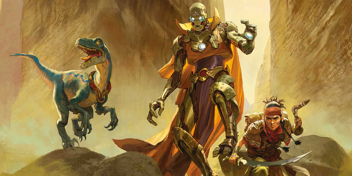 Eberron cover in DnD, with a dinosaur, Thri-Kreen, and warrior