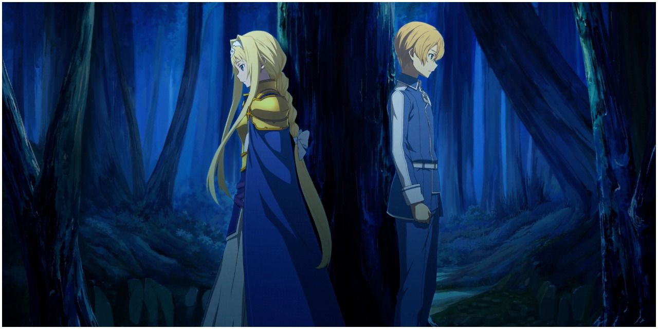 Eugeo and Alice standing in the dark between a tree