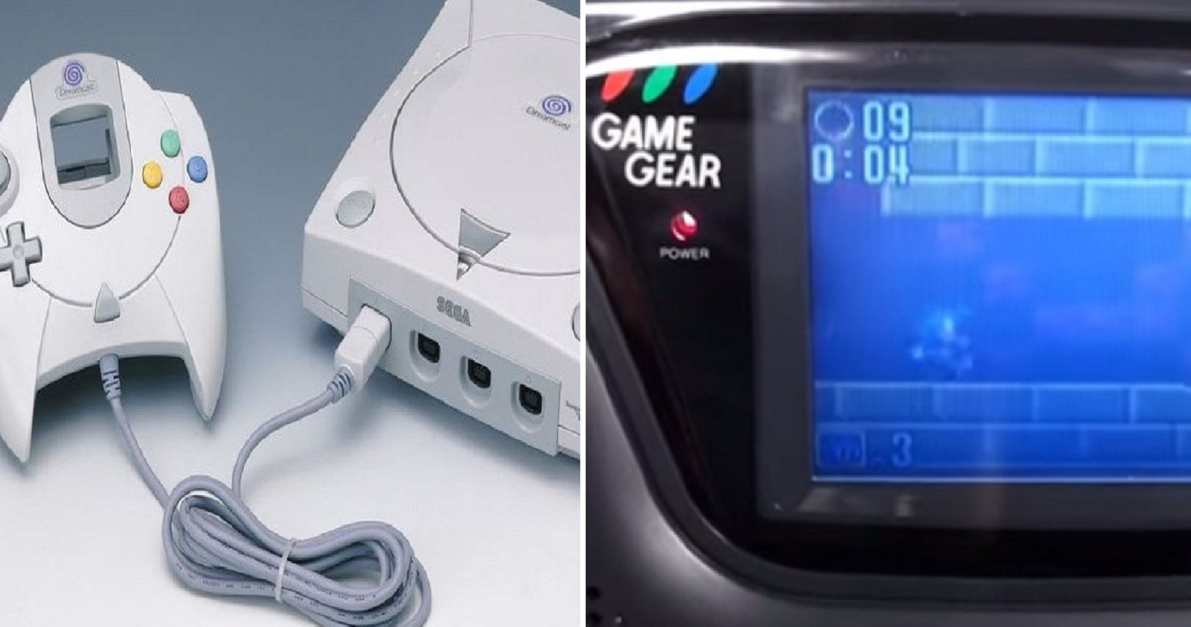 A split image of Sega's Dreamcast and Game Gear