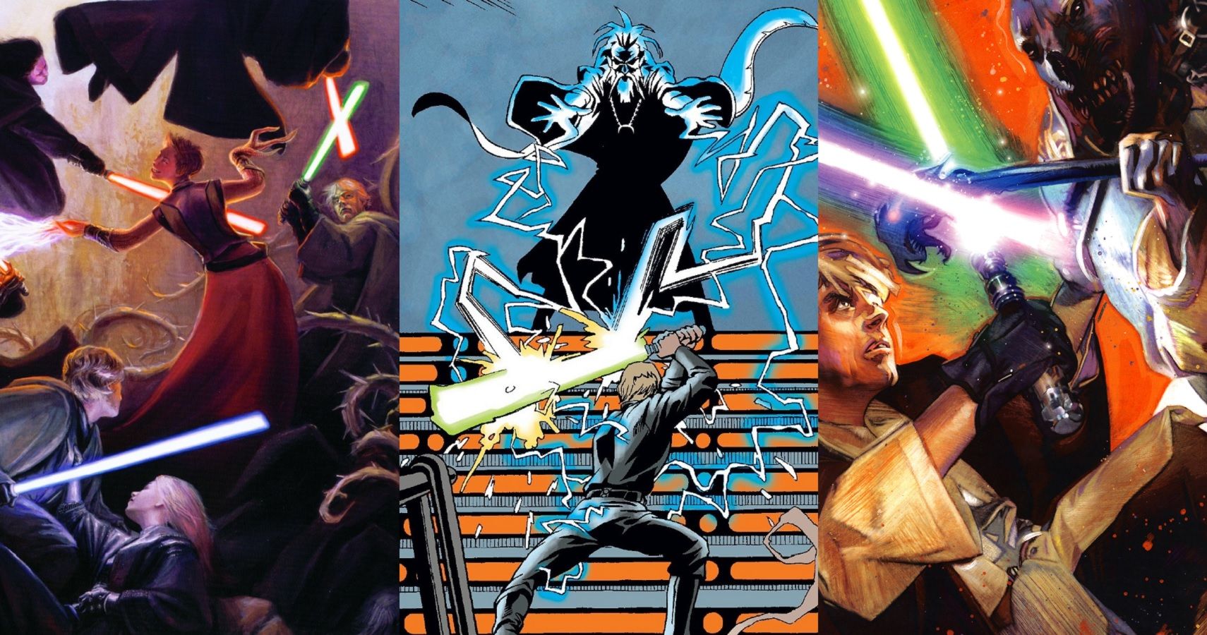 Jedi Luke Skywalker fighting powerful enemies at various stages of his career.