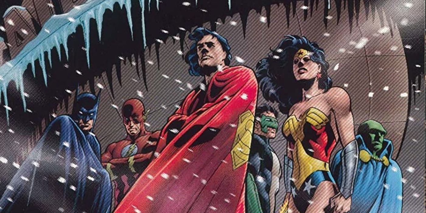 The Justice League bundled up in the snow