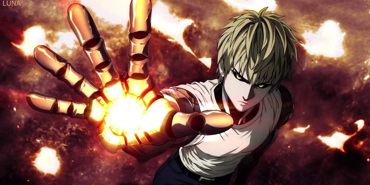 Genos from One Punch Man charging up for an Incineration Cannon