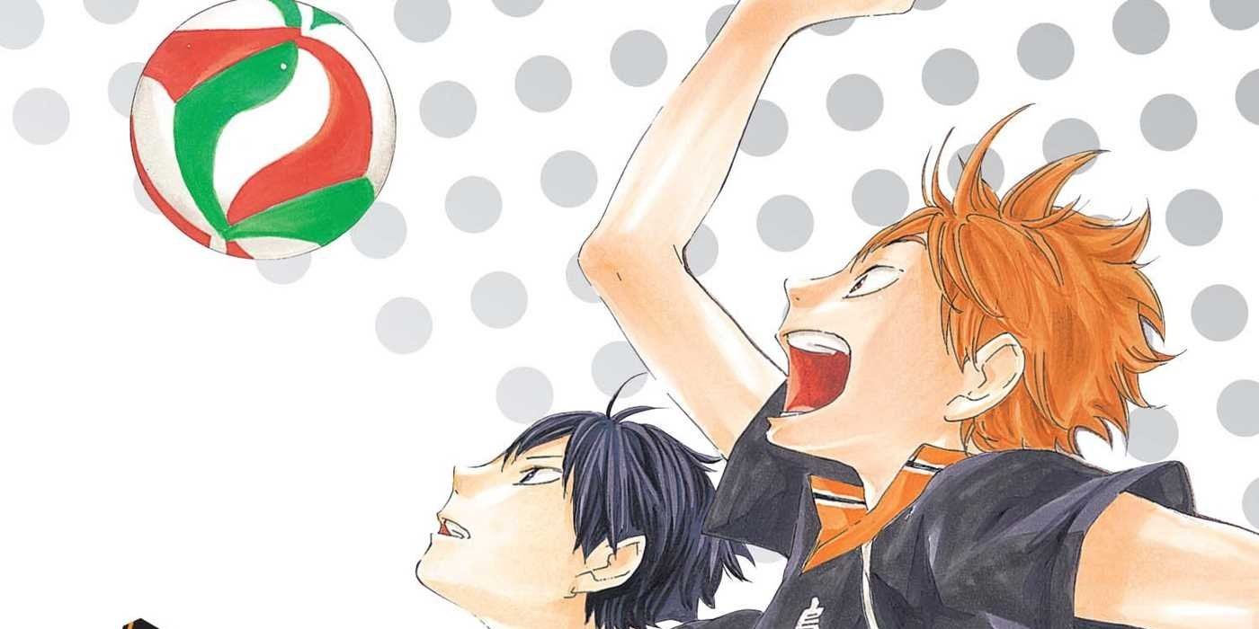 Hinata and Kageyama are drawn chasing after a volleyball on the volume 1 cover
