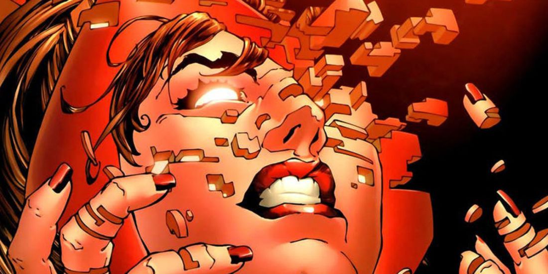 Scarlet Witch's face and hands disintegrating into cubes as her reality-warp powers going out of control