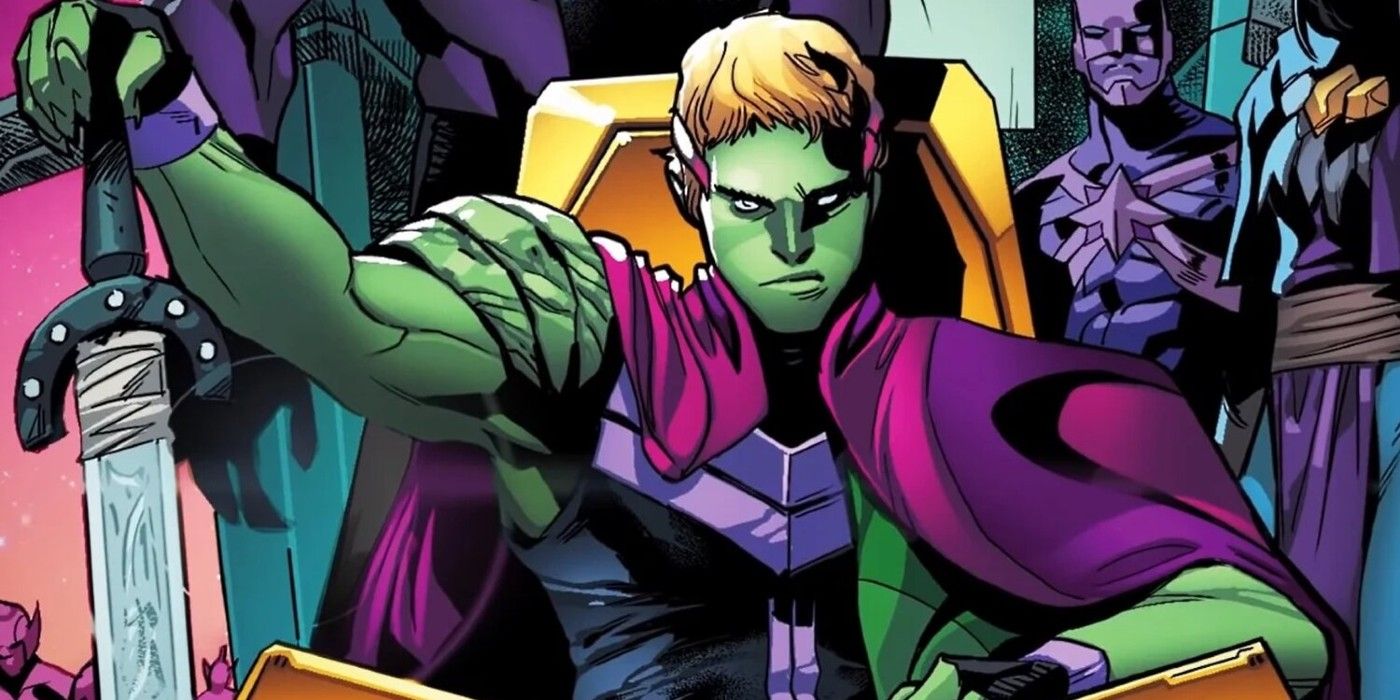 Hulkling on his intergalactic throne holding a sword