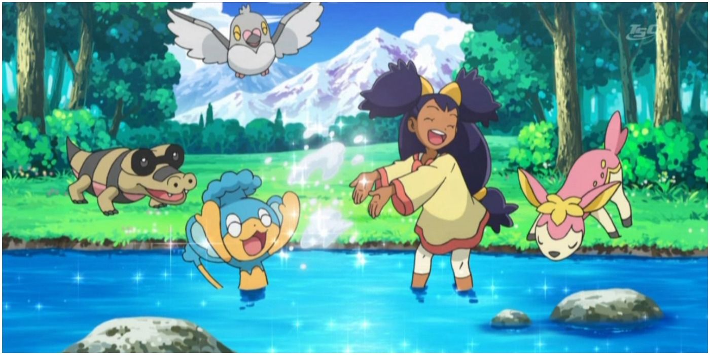Iris with Panpour, Sandile, Pidove, and Deerling in the Pokemon anime