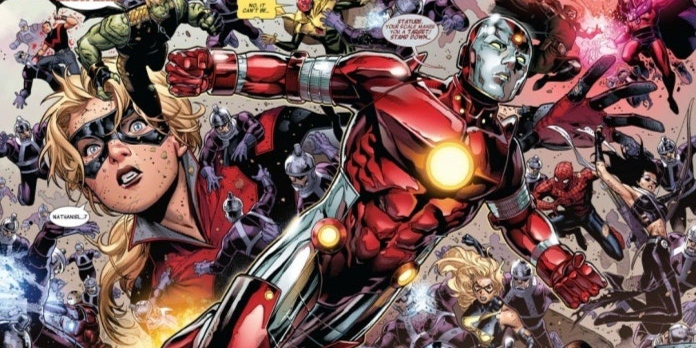 Iron Lad in front of numerous other characters in a composite image