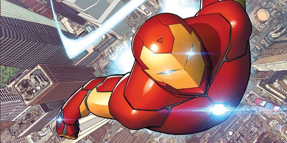 Tony Stark flying through the air as Iron Man