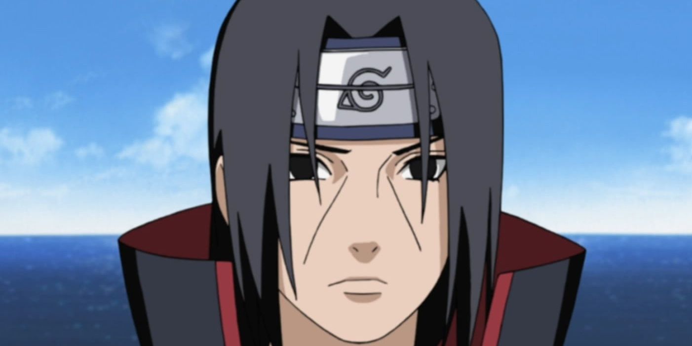 A forlorn Itachi Uchiha standing in front of calm water and a partly cloudy blue sky