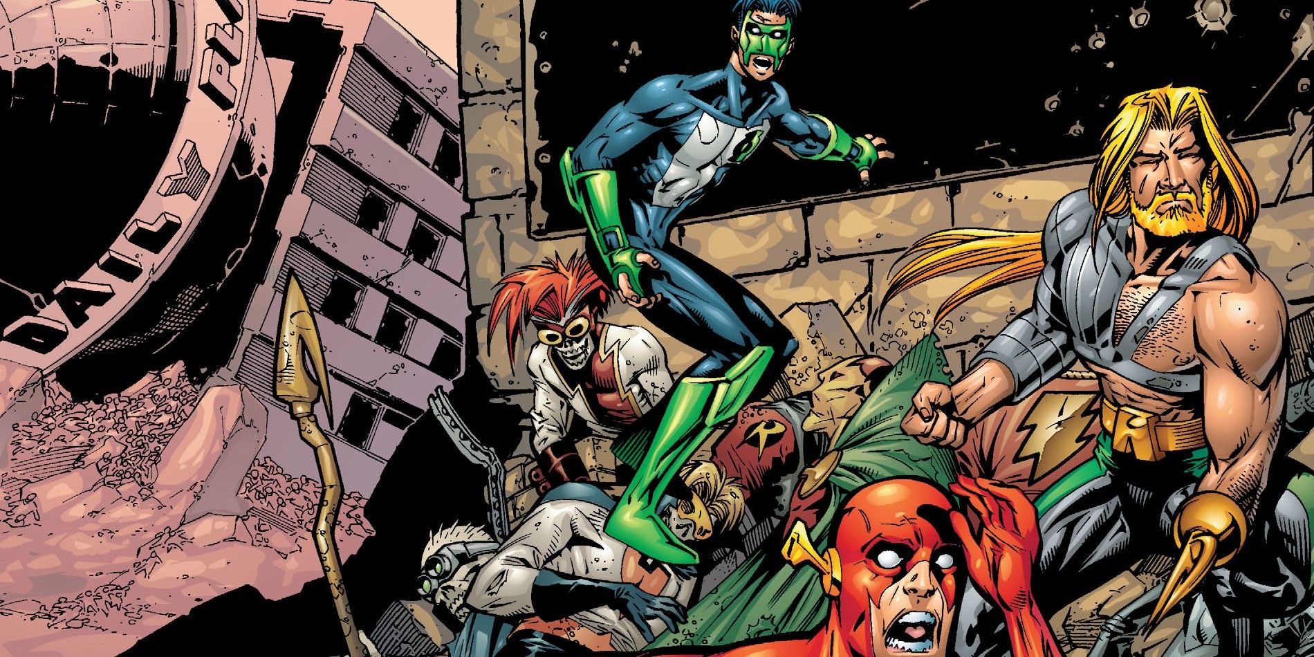 DC Comics' JLA Rock of Ages with Kyle Rayner, the Flash, and Aquaman in shock standing on a pile of corpses