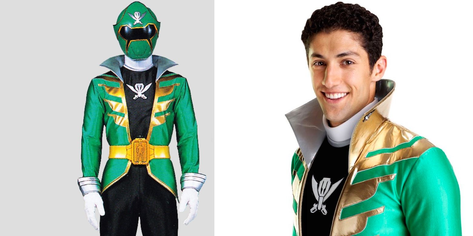 Split image of Jake as the Green Ranger in Power Rangers Super Megaforce in and out of his helmet