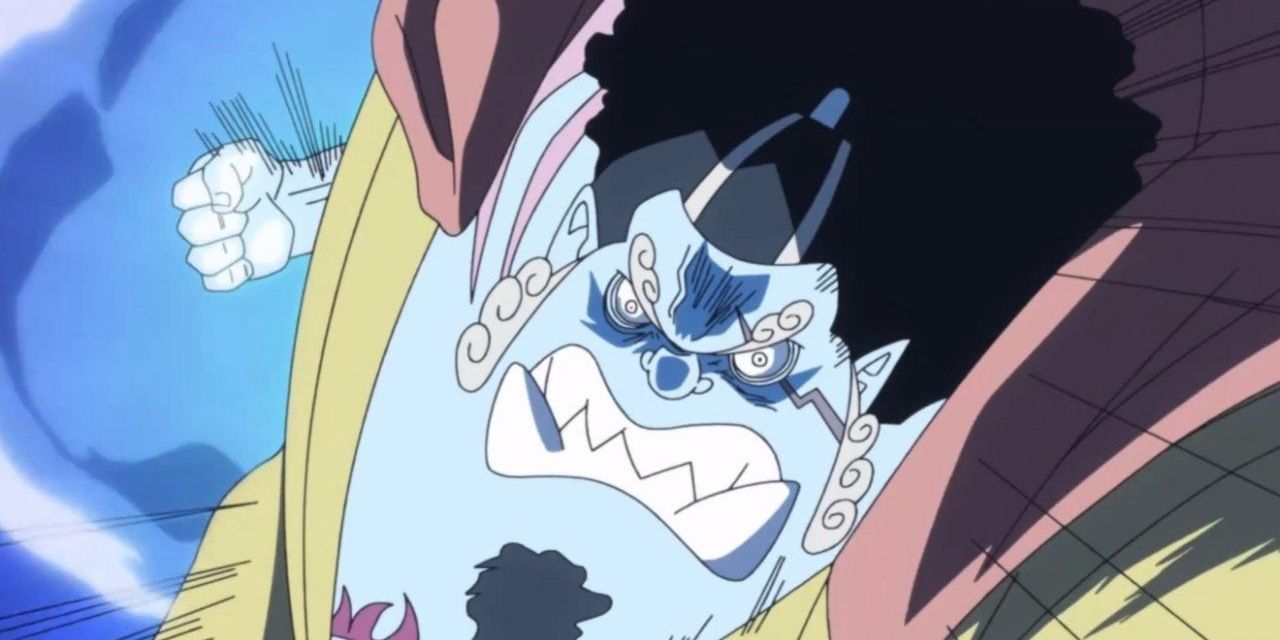 Jinbe, the helmsman of the Straw Hat Pirates and former captain of the Sun Pirates, using Fish Man Karate in One Piece post-timeskip