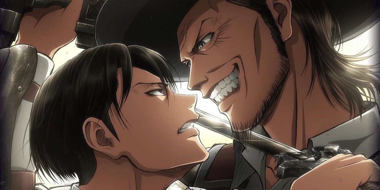 Levi with his sword at Kenny's throat.