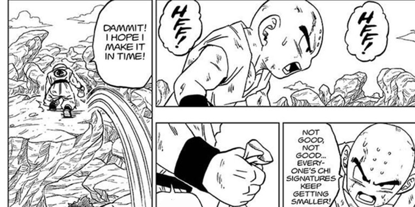 Krillin gives his friends Senzu Beans during the Moro fight in the Dragon Ball Super manga