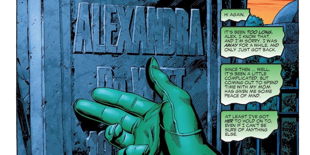 Kyle Rayner visits the grave of Alex DeWitt, who was murdered by the villain Major Force.