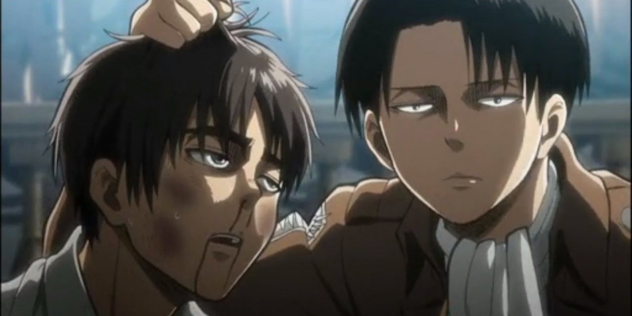 Levi grabbing Eren with his hair after beating him up.