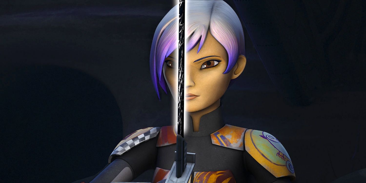 Sabine holding the Darksaber in front of her face.