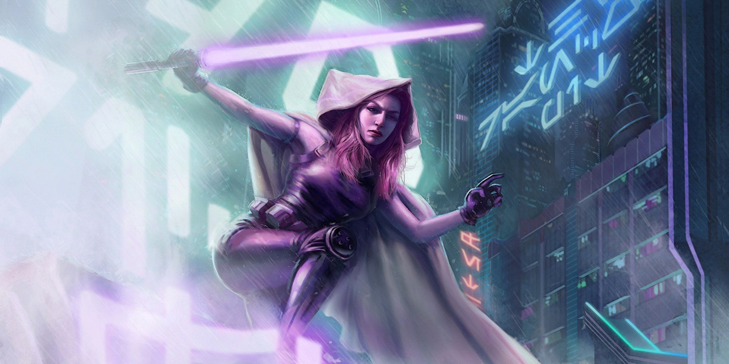 Mara Jade fighting with her purple lightsaber. 